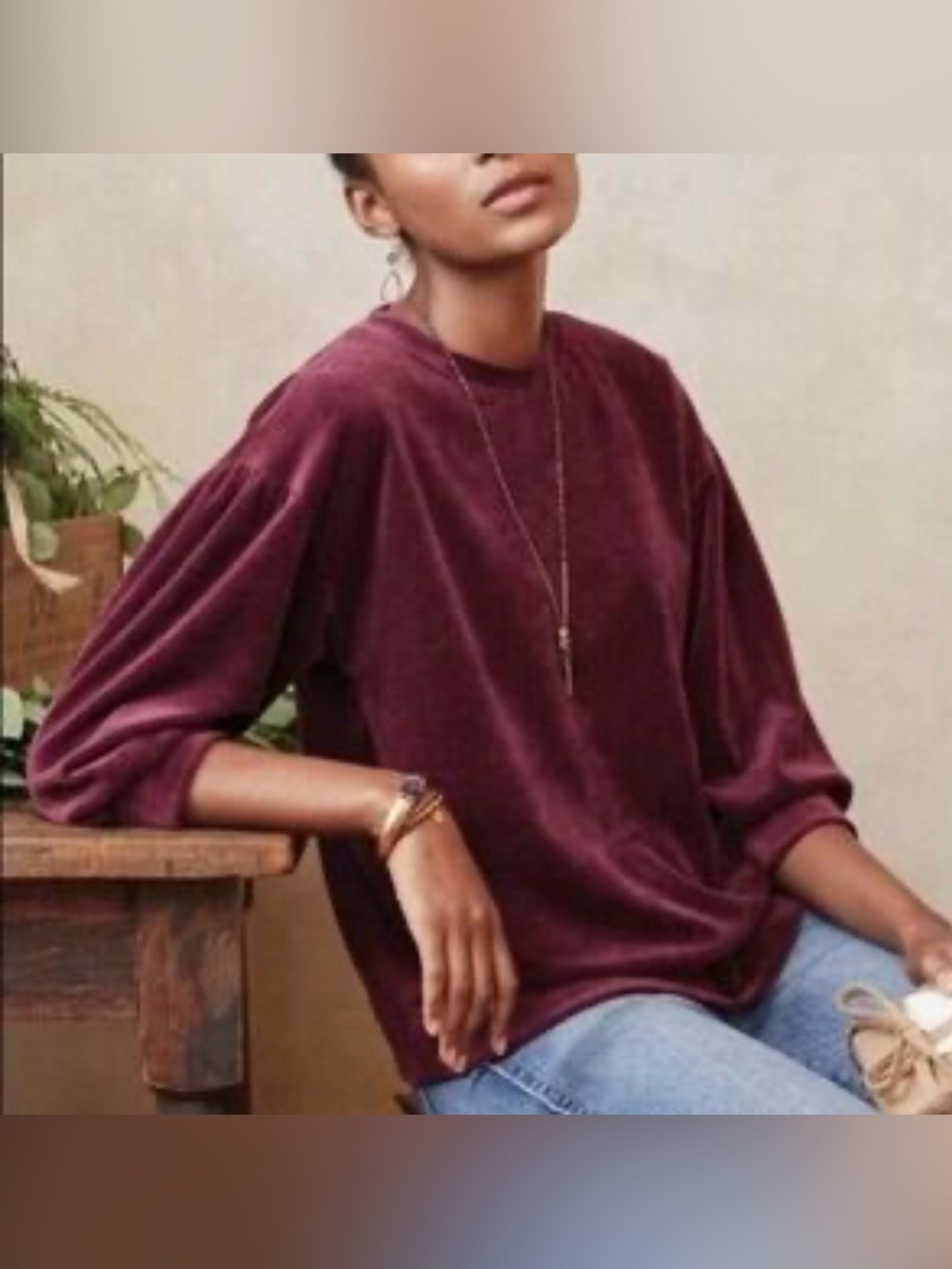 Garnet Hill Burgundy Moonrise Velour Pullover Top XL Organic Cotton